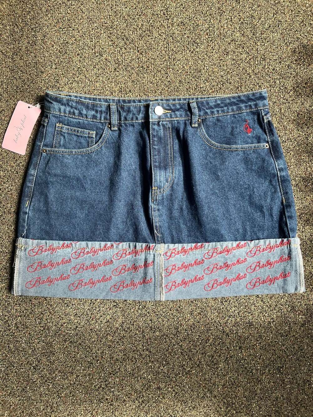 Baby Phat Denim Mini Skirt with Ebroidered Foldover Hem